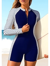 baratos Rash Guards de Uma Peça-Mulheres Anti Atrito Maiô de surfe de uma peça Roupa de banho Geométrica Riscas Bloqueio de cores Zip Up Com sutiã embutido Bojo Removível Proteção Solar UV UPF50+ Ultra Leve (UL) Manga Longa Roupa