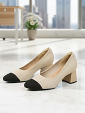 abordables Zapatos de salón de tacón ancho-Zapatos de tacón de bloque con puntera de punto en beige y negro para mujer: cómodos zapatos sin cordones transpirables para desplazamientos diarios de negocios y trabajo de oficina. &amp;damas