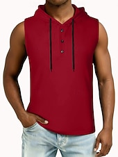 お買い得  ベーシックTシャツ-男性 ベストトップ ヘンリーパーカー ティートップ ノースリーブ フード付き 夏 純色 平織り ファッション デザイナー ベーシック ボタン フード付き カジュアル バケーション ストリート ブルー ブラック ホワイト メンズトップTシャツ