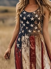  Damen Maxikleid Freizeitkleid Unterkleid Mode Basic Modern Täglich Outdoor Strand Normale Passform Amerikanische Flagge Ärmellos Rundhalsausschnitt Rote Sommer Frühling
