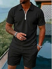 baratos Conjuntos de camisetas básicas masculinas-Homens Conjunto de shorts e camiseta Camisa de golfe Conjunto Polo Manga Curta Lapela Verão Tecido Moda Básico Moderno Jacquard 2 Peças Casual Diário Feriado Azul Preto Branco Top Tee para Homens