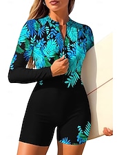 お買い得  ワンピースラッシュガード-女性用 ラッシュガード ワンピースサーフィンスーツ 水着 フラワー トロピカル風 カラーブロッキング ジッパーを閉める 内蔵ブラ付き 取り外し式パッド UVサンプロテクション UPF50+ 超軽量(UL) 長袖 スイムウェア ラッシュガード サーフィン ビーチ ウォータースポーツ 夏