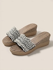 levne Ženy-dámská černá &amp;Sandály na platformě s korálky ve slonovinové barvě, boho elegantní boty s tlustou podrážkou pro hosty na plážové svatbě &amp;dovolená u moře