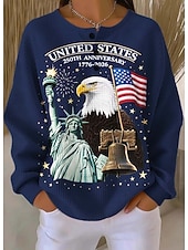  Pull-over élégant vintage de femme patriote pour le Jour de l'Indépendance imprimé graphique col rond manches longues casual invité de mariage boutons bleu printemps