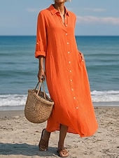 זול שמלות יוקרה-שמלת מקסי לנשים מכותנה ופשתן שמלת שינוי קזואלית יומית רחבה פשוטה עם שרוולים ארוכים צווארון כחול שחור לבן ירוק בהיר קיץ אביב סתיו