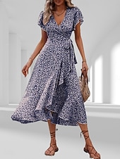 זול שמלות פרחוניות יומיומיות-בגדי ריקוד נשים שמלת מידי שמלת קז'ואל שמלת מעטפת שמלה פרחונית אלגנטית אופנתי מודרני בָּחוּץ חופשה ליציאה רגיל פרחוני שרוולים קצרים צווארון V שחור צהוב ורוד מסמיק אודם קיץ אביב