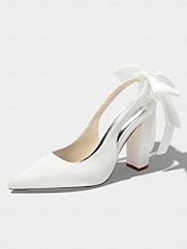 cheap Bride-Women's Ivory Pointed-Toe Bow Slingback Heels, Elegant Satin Bridal Shoes for Church Wedding Bride