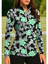 Недорогие Женская рубашка-Жен. Растения Цветочные тропический Цветочные ботанический Топы Футболка-поло Теннисная рубашка Длинный рукав С принтом Четверть молния Pullover УФ-защита Эластичный Дышащий Теннис Гольф Пиклбол