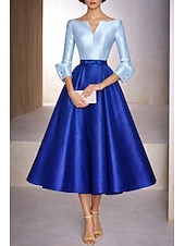 cheap Cocktail Dresses-A-Line Tea Length Pink Dress Cocktail Dresses Party Dresses Wedding Guest Dresses Elegant Color Block Long Sleeve V Neck Wedding Formal Pocket Taffeta Stretch Satin Cowl Back with Embroidered Flower