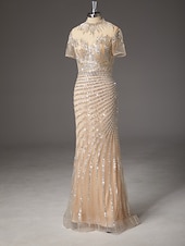  Sirena Tromba Strascico a Terra Abito da Ballo Vestito da Festa Abito Formale Abito da Sera Elegante Festa Scintillante Manica Corta Collo Alto Balli di fine anno Matrimonio con Pizzo Paillettes