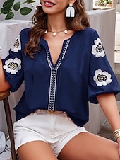 tanie Gładkie bluzki-Damskie Koszula Popover Letnia koszula Codzienna koszula Bluzka Haft Kwiaty Urlop Elegancki Codzienny Rękaw 1/2 W serek Zwykłe topy Codzienny Plaża Święto Niebieski Rumiany róż Granatowy Morelowy