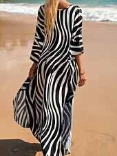 tanie Sukienki w paski i geometryczne-Damskie Sukienka maxi sukienka plażowa Codzienne sukienki Sukienka Boho Cover Up Elegancja Moda Nowoczesny Na zewnątrz Plaża Urlop Luźna Prążki Krótki rękaw W serek Niebieski Czarny Biały Rumiany róż