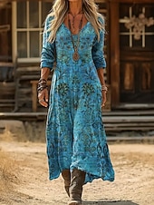 preiswerte Boho Kleid-Damen Midi-Kleid Boho A-Linien Kleid Party Lässig Date Reguläre Passform Graphic Paisley Langarm V-Ausschnitt Blau Khaki Sommer Frühling