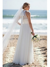  А-силуэт В пол Белое платье Свадебные платья Платья для свадебного душа Свадебное платье Маленькие белые платья Без рукавов Вырез под горло градация День рождения с Плиссировка Один цвет