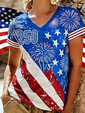  יום העצמאות האמריקאי בגדי ריקוד נשים חולצה קצרה דפוס גראפי דגל אמריקה וינטאג' מסוגנן קלסי שרוולים קצרים צווארון V חולצות רגילות יומי פול שחור כחול נייבי סגול קיץ אביב סתיו