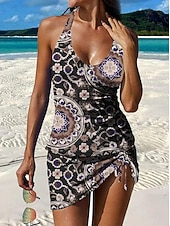 billige Tankinier-Dame Badetøy Tankini Skjørt Badedrakt Halter Elegant Ferie Grafisk Geometrisk V-hals Ermeløs Badedrakter