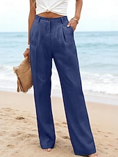 preiswerte Wesentliche Falsche Unterteile-Damen Kunstbaumwollleinen Weites Bein Freizeithose Sommerhose Urlaub Streetwear Basic Volle Länge Mittlere Taillenlinie Einfach Tasche Atmungsaktivität Bequem Unelastisch Täglich Outdoor Urlaub Blau