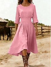 お買い得  シンプルなドレス-女性用 ミディドレス A ラインドレス 旅行度假风 カジュアル レギュラー 平織り 七分袖 クルーネック ブルー ブラック ピンク ネイビーブルー 夏 春 秋