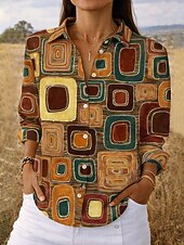 abordables Blusas a rayas y geométricas-Camisa de Mujer Lino Similar Transpirable Ligera Gráfico Geométrico Elegante Vintage Tropical Manga Larga Cuello Tops Regulares Diaria Trabajo Botones Impresión Blanca Amarilla Naranja Marrón Verano