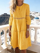 cheap White Lace Dresses-Women's Knee Length Dress White Lace Dress Eyelet Dress Elegant Fashion Modern Outdoor Beach Vacation Loose Fit Plain Half Sleeve Crew Neck Blue White Yellow Purple Summer Spring