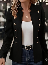 preiswerte Freizeitjacken-Damen Blazer Outdoor Stehkragen Knöpfe Einfarbig Atmungsaktiv Mode Normale Passform Oberbekleidung Langarm Herbst Schwarz S