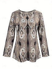 preiswerte Boho-T-Shirt-Damen T Shirt Druck Grafik Paisley-Muster Elegant Mode Lässig Langarm Rundhalsausschnitt Rundhals Lange Oberteile Täglich Wochenende Braun Sommer Frühling Herbst