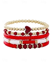 お買い得  レディースブレスレット-女性用ボヘミアンアクリルビーズブレスレットセット、ハートチャーム付きマルチカラーストレッチバングル、バレンタインデーのギフトや普段使いに最適な軽量重ね付け可能なブレスレット