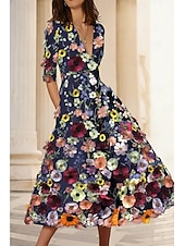 cheap Cocktail Dresses-A-Line Ankle Length Cocktail Dresses Party Dresses Elegant Vintage Floral Half Sleeve V Neck Wedding Formal Pink Dress Satin with Embroidery Pocket