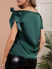 cheap Plain Blouses-Women's Elegant Satin Top Summer Tops Blouse Plain Stylish Basic Classic Short Sleeve Off Shoulder Regular Tops Daily Work Holiday Black Pink Wine Green Summer Spring