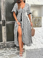 abordables Vestidos casuales con flores-Women's Long Dress Maxi Dress A Line Dress Floral Dress Elegant Fashion Modern Daily Outdoor Vacation Regular Fit Floral Short Sleeve V Neck Blue Black Brown Summer Spring