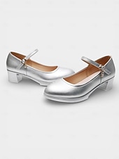 abordables Zapatos Mary Jane-Zapatos Mary Jane plateados metalizados para mujer con tacón medio y correa ajustable: zapatos de oficina cómodos y elegantes para el trabajo y los desplazamientos.