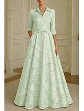 economico Lunghezza del pavimento-Linea ad A Lunghezza al pavimento Abito Camicia Abito Formale Abito da sera Abito da cerimonia per signora Manica Lunga Colletto a Camicia Elegante Vintage Formale Raso Jacquard con Fiocco/Fiocchi