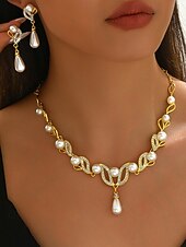 preiswerte Hochzeit ACC-Elegantes Schmuckset aus Imitationsperlen für Damen, bestehend aus Halskette und Ohrringen in Gold- und Silberfarben mit Kristallakzenten, perfekt für Hochzeiten und festliche Anlässe.