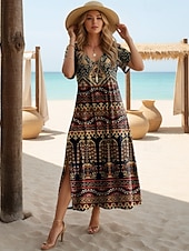 preiswerte Kunst &amp; Design Kleider-Damen Midikleid A Linie Kleid Lässig Täglich Normale Passform Blumen Abstrakt Kurzarm V Ausschnitt Schwarz Weiß Leicht Braun Orange Sommer Frühling