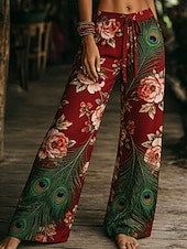 Χαμηλού Κόστους Μποέμ παντελόνια-Γυναικεία Πλατύ Πόδι Παντελόνια Διακοπές Μοντέρνα Μπόχο Πλήρες μήκος Μεσαία Μέση Φλοράλ Τσέπη Ελαστική μέση Στάμπα Άνετα Ικανότητα να αναπνέει Ανελαστικό Καθημερινά ΕΞΩΤΕΡΙΚΟΥ ΧΩΡΟΥ Διακοπές Ρουμπίνι