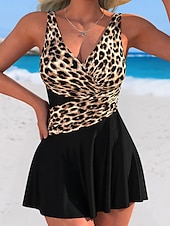 cheap Swimdresses-Women's Swimwear One Piece Monokini Swim Dress Swimsuit Tummy Control High Waist Slim Backless Vacation Beach Wear Leopard Color Block V Neck Sleeveless Bathing Suits