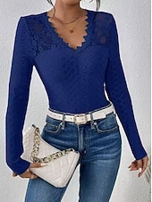 billiga Enkel t-shirt-Dam Spets Splicing Top Spets Ögla Ensfärgat Elegant Mode Sexig Långärmad V-hals Vanliga toppar Dagligen Utekväll Helgen Blå Svart Vit Höst Vinter