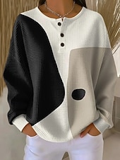 preiswerte Strukturierte Kapuzenpullover-Damen Pullover Sweatshirt Knöpfe Grafik Geometrisch Mode Lässig Druck Langarm Rundhalsausschnitt Normale Oberteile Lässig Heim Arbeit Schwarz Rosa Orange Kaki Frühling Herbst