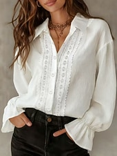 voordelige Effen Blouses-Dames 100% Katoenen Blouse Faux Linnen Geplooide Knoppen Effen Kleur Stijlvol Basis Casual Lange Mouwen Kraag Reguliere Tops Dagelijks Blauw Zwart Wit Roze Beige Lente Fall Winter