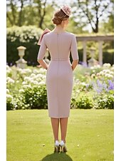cheap Tea Length-Sheath Column Knee Length Cocktail Dress Wedding Guest Dress Mother of the Bride Dress Half Sleeve Square Neck Elegant Formal Wedding Guest with Bow(s)