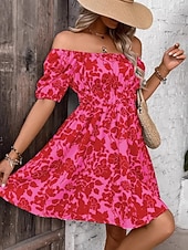 billiga Blommiga klänningar-Dam Mini klänning A linjeklänning Ledigt Utomhus Utekväll Standardpassform Blommig Grafisk Kortärmad Över axeln Blå Rubinrött Grön Beige Sommar Vår