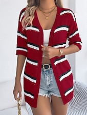 billiga Enkla blusar-Dam Skjorta Blus Stickad Randig Stylish Klassisk Modern Halvlång ärm V-hals Vanliga toppar Dagligen Helgdag Utekväll Vin Brun Kaki Sommar Vår