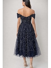 cheap Cocktail Dresses-A-Line Tea Length Beaded Eembroidered Formal Dresses Mother of the Bride Dress Cocktail Dresses Party Dresses Wedding Guest Dresses Elegant Glittering Embellished Sleeveless Off Shoulder Formal