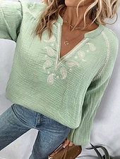 billige Enkle bluser-Dame Popover skjorte Uformell skjorte Bluse Broderi Paisly Elegant Bohem Fritid Langermet V-hals Vanlige topper Daglig utendørs Ferie Svart Hvit Navyblå Grønn Sommer Vår