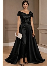 cheap A-Line Evening Dresses-A-Line Floor Length Jumpsuit Evening Gown Ball Gown Ball Gown with Overskirt Formal Dress Elegant Silky Short Sleeve One Shoulder Wedding Formal Stretch Satin Cowl Back with Embroidered Flower Bow(s)