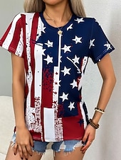  Camiseta Patriótica Feminina do Dia da Independência Gráfica Bandeira Vintage Moda Estilosa Manga Curta Gola Redonda Tops Regulares Impressão Diária Final de Semana Azul Branco Verão Primavera