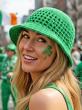 billige Tilbehør-Strikket bøttehatt til dame, tilgjengelig i flere farger, perfekt for St. Patricks dag-feiringer, komfortabel og stilig for fritidsbruk