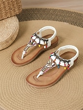 preiswerte Flache Sandalen-Braune Damen-Sandalen im Boho-Stil mit T-Riemen und bunten Perlenanhängern – Vintage-Ethno-Stil, bequeme flache Schuhe für Strandurlaube und Sommerresorts