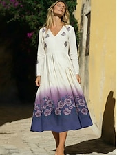  Per donna Abito Midi Abito Boho Vestito Casual Moda Quotidiano All'aperto Vacanza Vestibilità regolare Floreale Manica Lunga Scollo a V Viola Estate Primavera Autunno