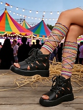 economico Donne-sandali gladiatore da donna con plateau e lacci neri - stile stivaletto con suola spessa, punta aperta e intaglio, calzature alla moda e all'avanguardia per concerti, festival e street style